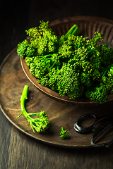 Image showing Organic Broccolini (bimi) in bowl on wooden background