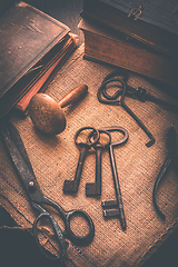 Image showing Old tools, books, keys and supplies in vintage style