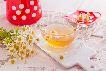 Image showing Chamomile herbal tea (Matricaria chamomilla) on kitchen table