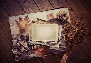 Image showing Memories - stock of old and vintage photos on wooden background