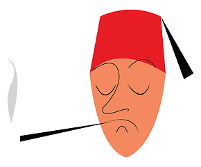 Image showing A man smoking cigar is wearing a traditional red hat vector colo