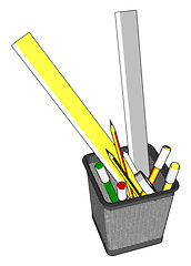 Image showing Wire pen cup with rulers and several pens and penciles vector il