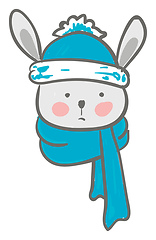 Image showing A cartoon hare covered in its warm blue winter scarf and head ca