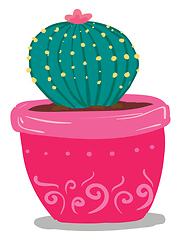 Image showing A round shape cactus with pink flower in a pink pot provides ext