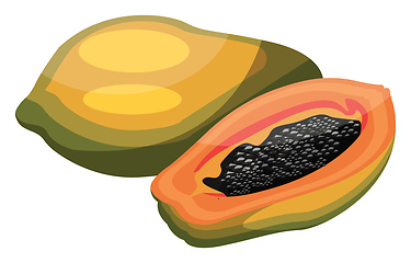 Image showing Cartoon of a green and yellow papaya a papaya cut in half with b