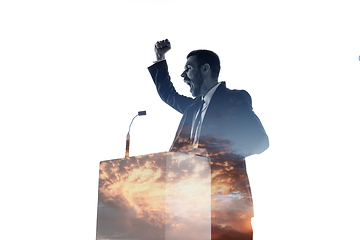 Image showing Speaker, coach or chairman during politician speech on white background