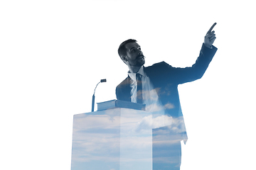 Image showing Speaker, coach or chairman during politician speech on white background