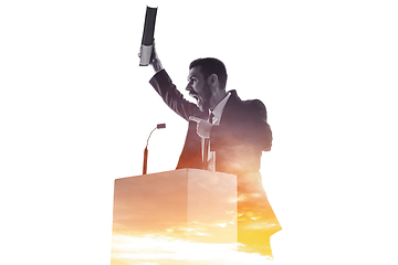 Image showing Speaker, coach or chairman during politician speech on white background