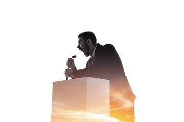 Image showing Speaker, coach or chairman during politician speech on white background