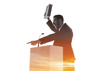 Image showing Speaker, coach or chairman during politician speech on white background