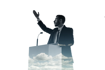 Image showing Speaker, coach or chairman during politician speech on white background