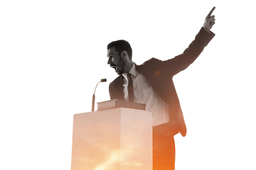 Image showing Speaker, coach or chairman during politician speech on white background