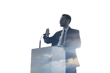 Image showing Speaker, coach or chairman during politician speech on white background