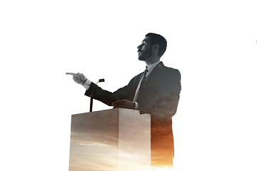 Image showing Speaker, coach or chairman during politician speech on white background