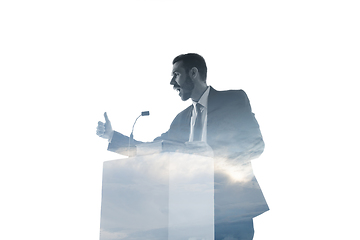 Image showing Speaker, coach or chairman during politician speech on white background