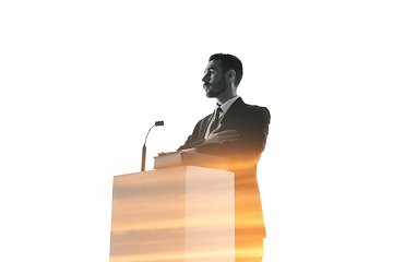 Image showing Speaker, coach or chairman during politician speech on white background