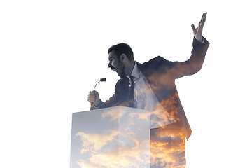 Image showing Speaker, coach or chairman during politician speech on white background