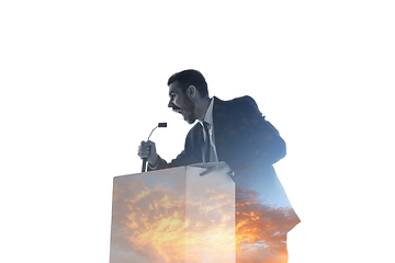 Image showing Speaker, coach or chairman during politician speech on white background