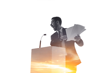 Image showing Speaker, coach or chairman during politician speech on white background