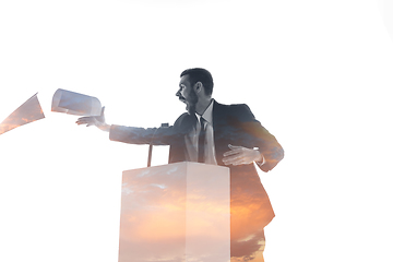 Image showing Speaker, coach or chairman during politician speech on white background