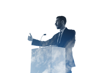 Image showing Speaker, coach or chairman during politician speech on white background