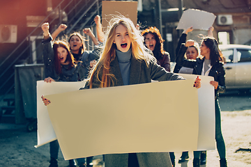 Image showing Young people protesting of women rights and equality on the street