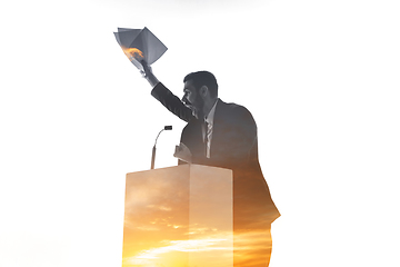 Image showing Speaker, coach or chairman during politician speech on white background