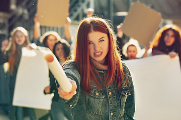 Image showing Young people protesting of women rights and equality on the street