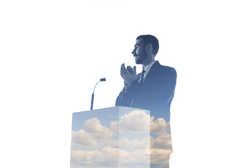 Image showing Speaker, coach or chairman during politician speech on white background