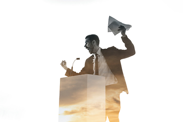 Image showing Speaker, coach or chairman during politician speech on white background