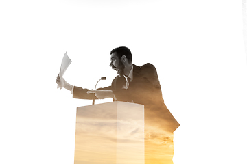 Image showing Speaker, coach or chairman during politician speech on white background