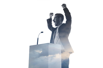 Image showing Speaker, coach or chairman during politician speech on white background