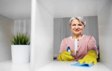 Image showing happy senior woman with cloth dusting rack at home