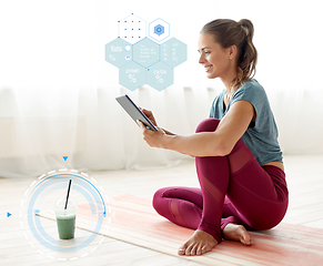 Image showing woman with tablet pc and drink at yoga studio