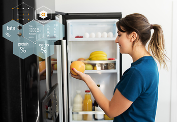 Image showing happy woman taking food from fridge at home