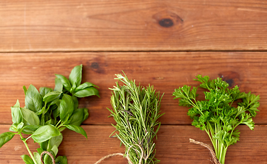 Image showing greens, spices or medicinal herbs on wooden boards