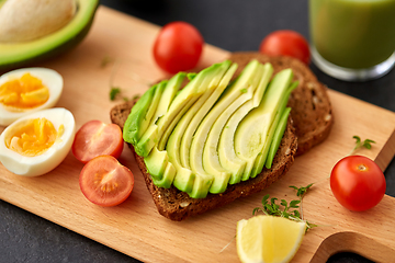 Image showing toast bread with avocado, eggs and cherry tomatoes