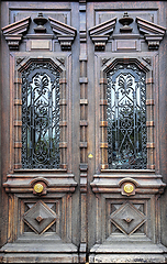 Image showing Old artistic wooden door with decorative elements