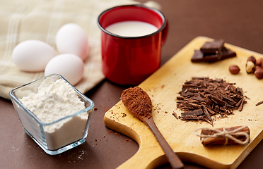 Image showing chocolate, cocoa powder, milk, eggs and flour