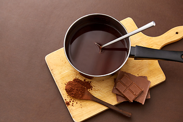 Image showing pot with melted hot chocolate and cocoa powder