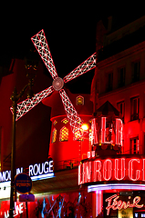 Image showing View of the Moulin Rouge (Red Mill) at night in Paris, France