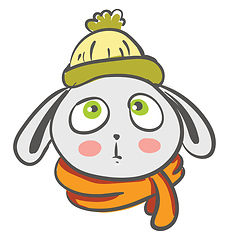 Image showing Green-eyed cartoon hare covered himself with warm cap and neck s