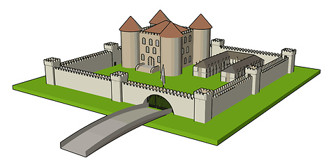 Image showing Medieval castle with fortified wall and towersand bridge vector 