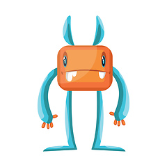 Image showing Tall orange and blue creature with long arms and legs  white bac