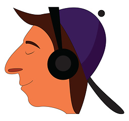 Image showing Profile cartoon of a smiling boy with purple cap and black headp