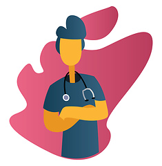 Image showing Ward boy in blue medical suit in front of pink graphic shapes ve