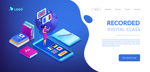 Image showing Online language school isometric 3D landing page.