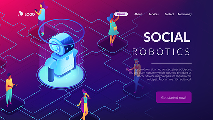 Image showing Social robotics isometric 3D landing page.