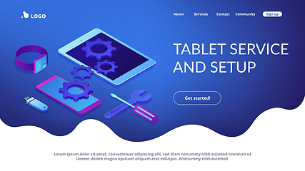 Image showing Mobile device repair concept isometric 3D landing page.