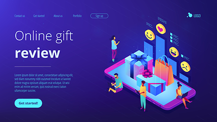 Image showing Online gift review isometric 3D landing page.